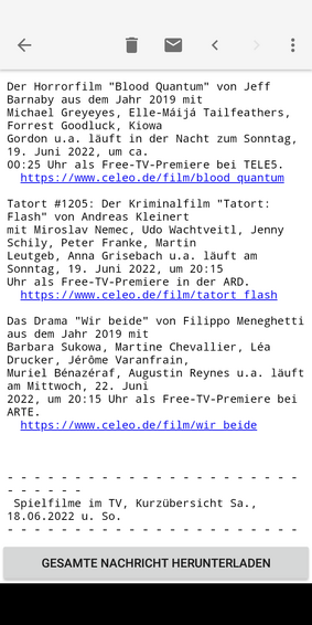 Screenshot K-9-Mail-App (mit Ausschnitt aus Newsletter vom Filmverzeichnis celeo.de)