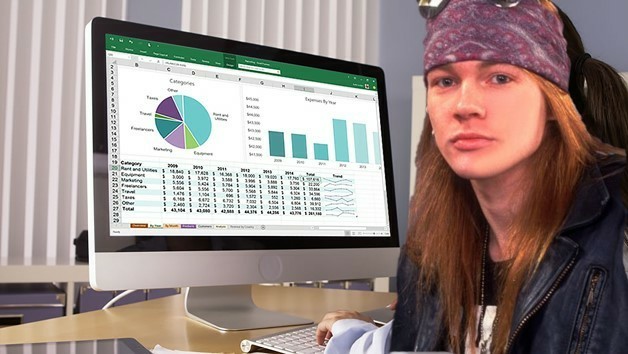 Axl Rose in front of a computer with Excel.