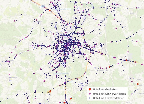 Karte von Lüneburg mit Orten an denen zw. 2017 u. 2022 Verkehrsunfälle mit Verletzten oder Getöteten passiert sind.