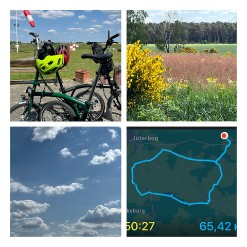 Collage mit 2 Bromptons, Landschaft, Himmel und Radtourstrecke 
