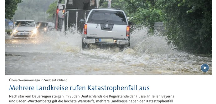 Mehrere Landkreise rufen Katastrophenfall aus

Stand: 01.06.2024 11:43 Uhr

Nach starkem Dauerregen steigen im Süden Deutschlands die Pegelstände der Flüsse. In Teilen Bayerns und Baden-Württembergs gilt die höchste Warnstufe, mehrere Landkreise haben den Katastrophenfall ausgerufen. 